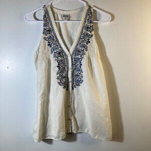 Womens Converse‎ One Star Boho Embroidered Button Shirt Cream Blue M